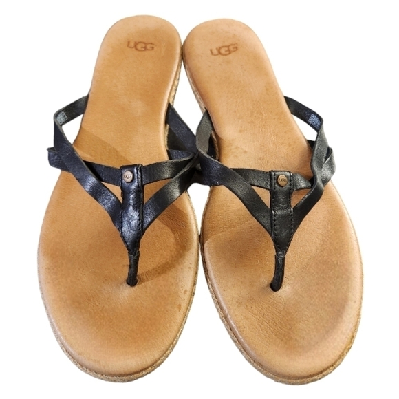 UGG Women's Annice Flip Flop BlackLeather and Jute Size 10 - Picture 4 of 12